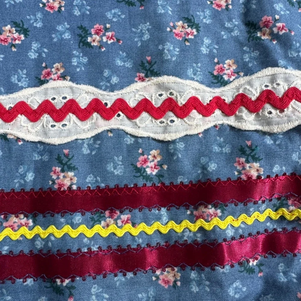 Fiesta Mi Lado Margaret Platt Ribbon Skirt Womens Blue Floral Ric Rac Lace Multi